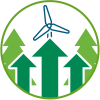 Icon for Sustainability Ambitions showing trees on the margins with a windmill above them and three arrows pointing up.
